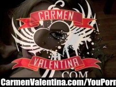 Blowjob slut Carmen Valentina stuffs her mouth with 2 thick cocks Thumb