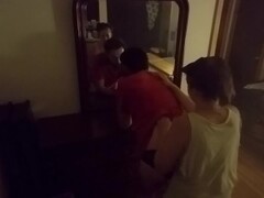 Mirror Pegging! Husband bent over dresser & Fucked with Strap-on Thumb