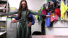 Geeky cosplay chick caught stealing and the mall cop having a real fun punis fuck session with her Thumb