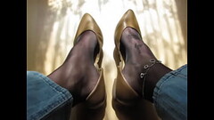 brown ballet flats, shoeplay in jeans, nylons, anklet and tattoos, shoeplay by Isabelle-Sandrine Thumb