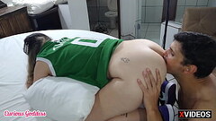 Curious Goddess - Milf wearing celtic sneakers t-shirt sticking dildo in hairy pussy licking ass missionary fucking Thumb