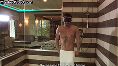 Tattooed masked stud jerks cock and cums hard in the bathroom Thumb