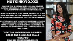 Sexy tan Hotkinkyjo in colorful dress two big dildos anal &amp_ prolapse Thumb