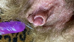 Bunny vibrator test masturbation POV closeup erected big clit wet orgasm hairy pussy Thumb